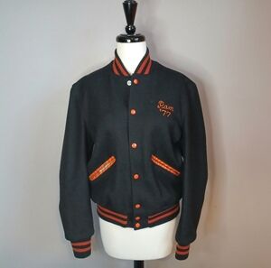 Vintage 1977 Wool Varsity Bomber Jacket Delong Sportswear Black Orange Sz 36